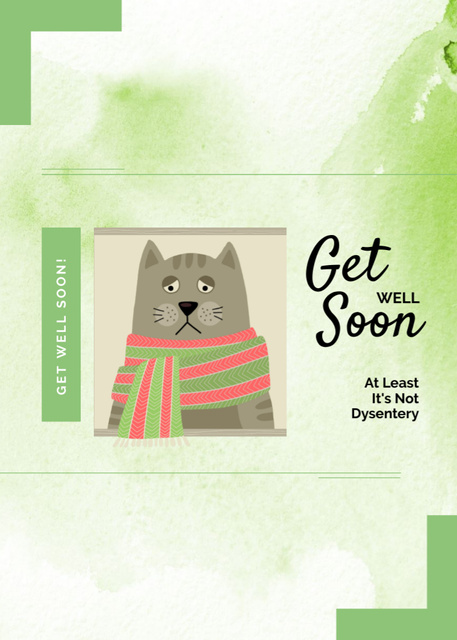 Get Well Soon Wishes with Sick Cat Postcard 5x7in Vertical Design Template