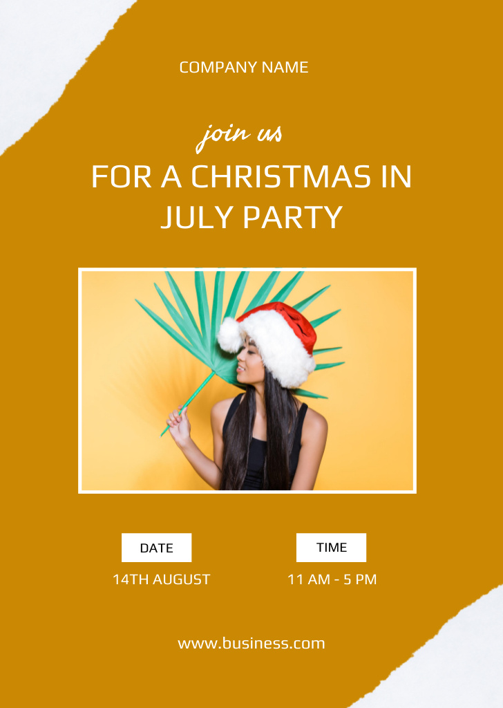  Christmas Party Announcement with Attractive Asian Woman in July Flyer A6 Design Template