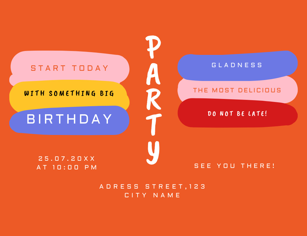 Birthday Party Bright Announcement In Orange Invitation 13.9x10.7cm Horizontal Modelo de Design