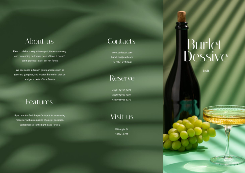 Ontwerpsjabloon van Brochure van Bottle of Wine with Ripe Grapes in Green