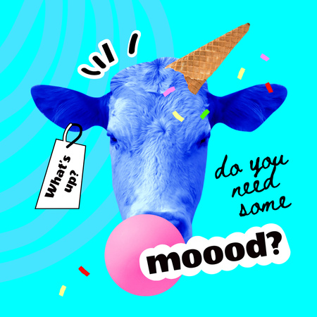 Funny Cow with Ice Cream Waffle Cone Instagram Design Template
