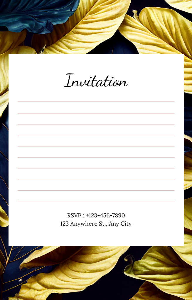 Bright Frame of Golden and Blue Leaves Invitation 4.6x7.2in Modelo de Design