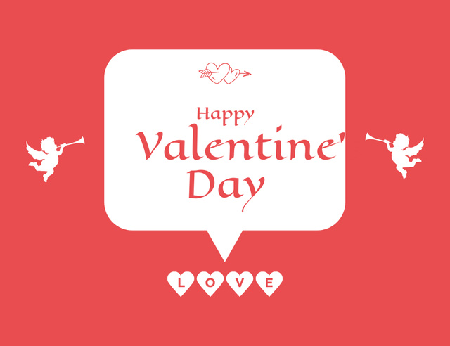 Happy Valentine's Day Greeting on Red with Cupids Thank You Card 5.5x4in Horizontal Design Template
