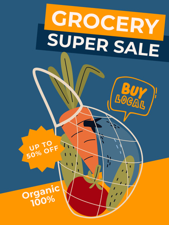 Grocery Store Ad with Fresh Vegetables in String Bag Poster US Design Template