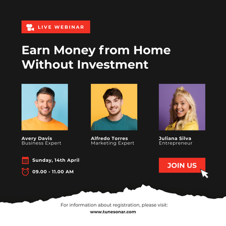 Plantilla de diseño de Seminario web en vivo sobre cómo ganar dinero en casa Instagram 