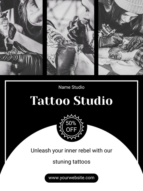 Stylish Offer from Tattoo Studio with Collage of Tattooing Process Poster US Tasarım Şablonu