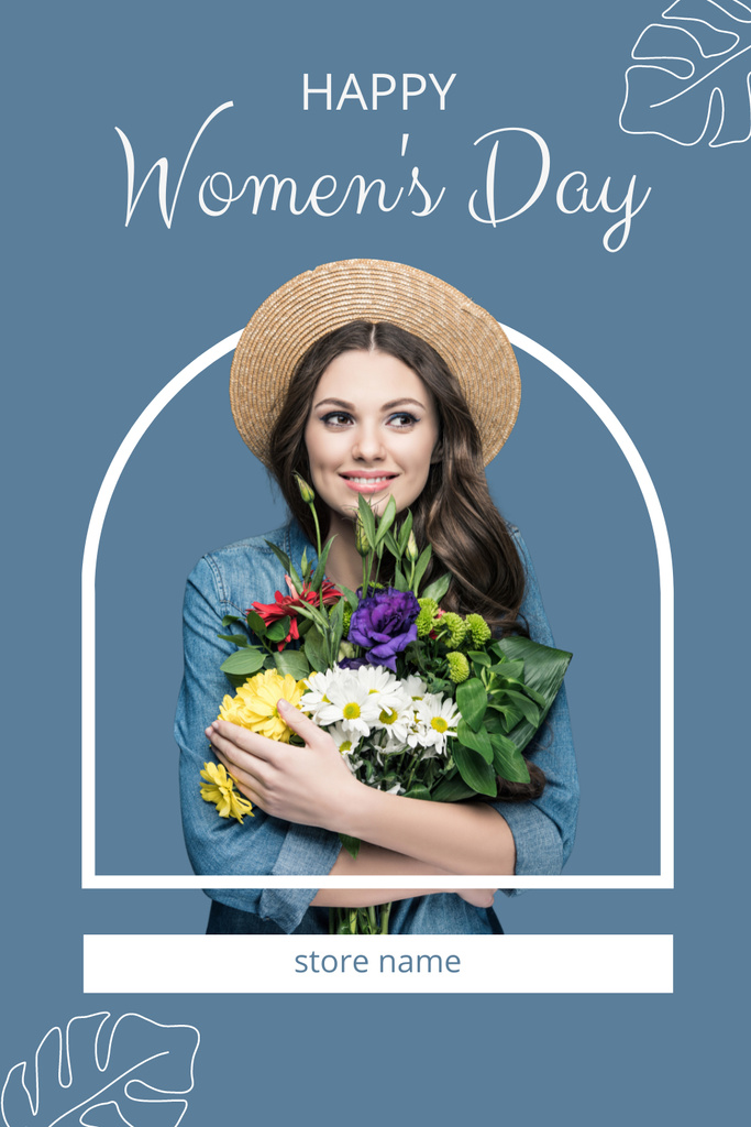 Platilla de diseño Woman with Cute Flowers Bouquet on Women's Day Pinterest