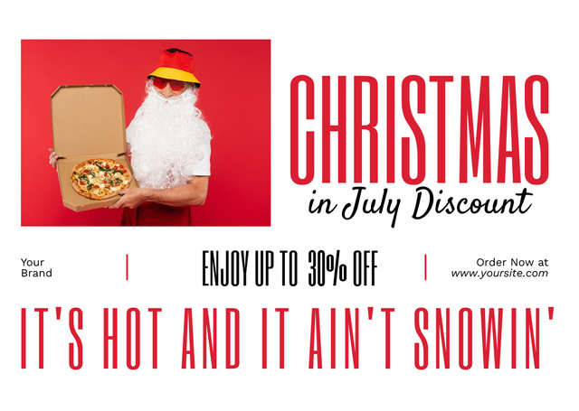 Plantilla de diseño de Christmas Sale Announcement in July with Santa with Pizza in Box Flyer A6 Horizontal 