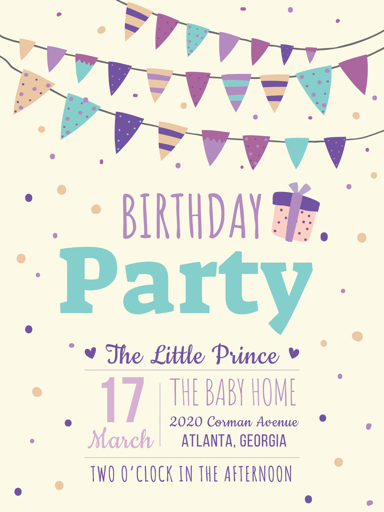 Birthday party invitation with Garland Poster US Tasarım Şablonu