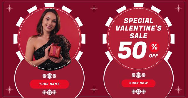Valentine's Day Sale Announcement with Attractive Woman on Red Facebook AD Design Template