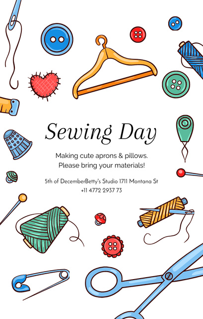 Sewing Day Event with Needlework Tools Invitation 4.6x7.2in Design Template