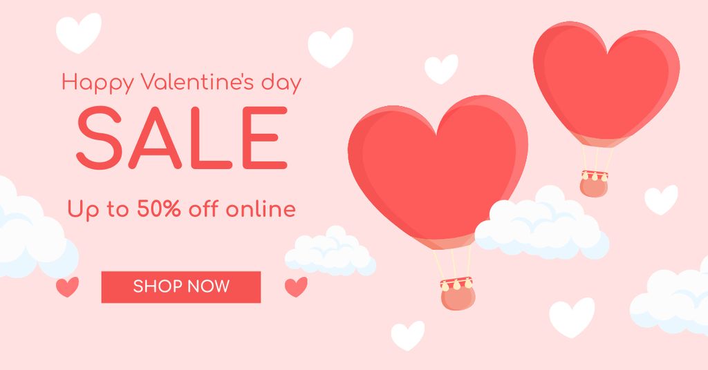 Holiday Sale Offer for Valentine's Day With Heart Air Balloons Facebook AD Modelo de Design