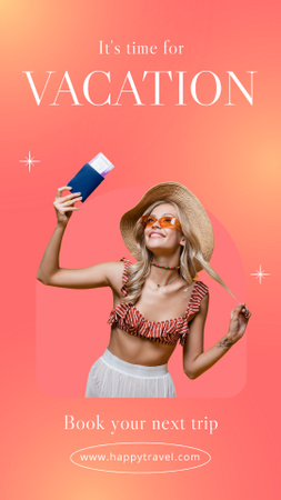 Vacation Booking Offer with Attractive Blonde Woman in Hat Instagram Story Design Template