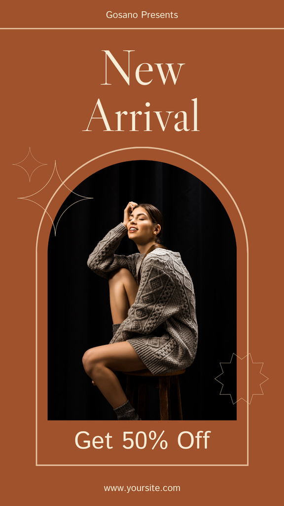 Fashion Ad with Woman in Stylish Sweater Instagram Story Design Template