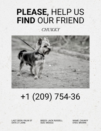 Szablon projektu Black and White Photo of Missing Pet Poster 8.5x11in