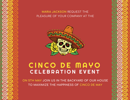 Cinco de Mayo Celebration Announcement With Skull In Sombrero Invitation 13.9x10.7cm Horizontal Design Template