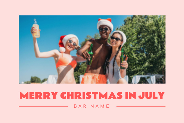 Friends In Santa Hats Celebrating Christmas in July on Pink Postcard 4x6in Design Template