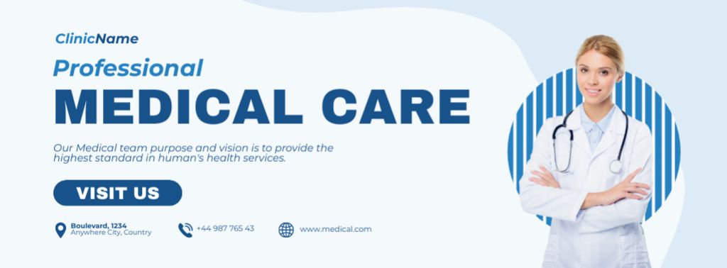 Medical Care Ad with Friendly Woman Doctor Facebook cover Design Template