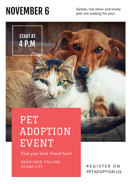 Template di design Pet Adoption Event with Dog and Cat Hugging Flayer