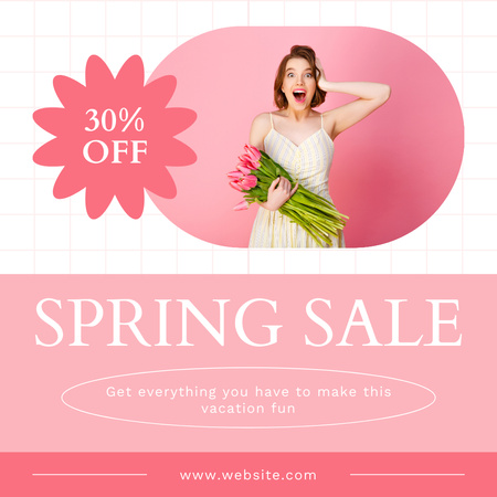 Platilla de diseño Spring Sale Announcement with Surprised Woman with Tulip Bouquet Instagram AD