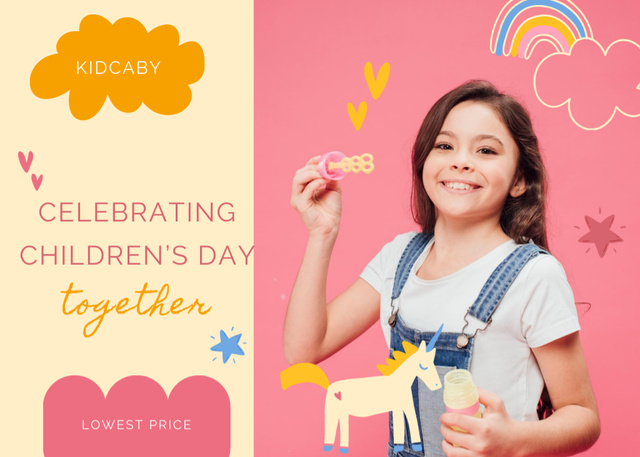 Ontwerpsjabloon van Postcard 5x7in van Children's Day With Soap Bubbles and Rainbows
