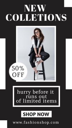 Fashion Collection Ad with Woman Sitting on Chair Instagram Story tervezősablon