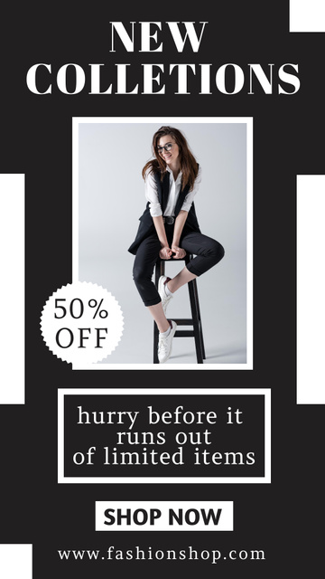 Designvorlage Fashion Collection Ad with Woman Sitting on Chair für Instagram Story