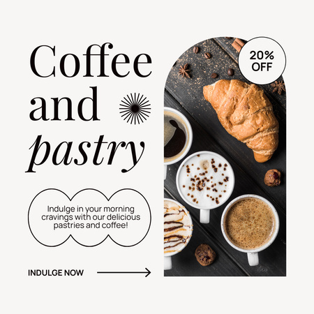 Ontwerpsjabloon van Instagram AD van Ochtendkoffie met toppings en gebak tegen gereduceerde tarieven