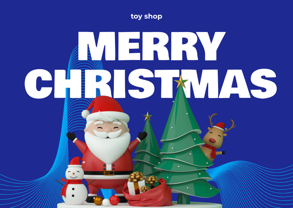 Ontwerpsjabloon van Postcard van Christmas Cheers with Toy Shop Happy Santa and Trees