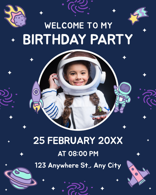 Designvorlage Kid's Birthday Party Invitation with Illustration of Astronauts für Instagram Post Vertical