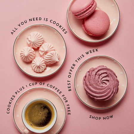 Cafe Ad with Pink Cookies and Cup of Coffee Instagram Design Template