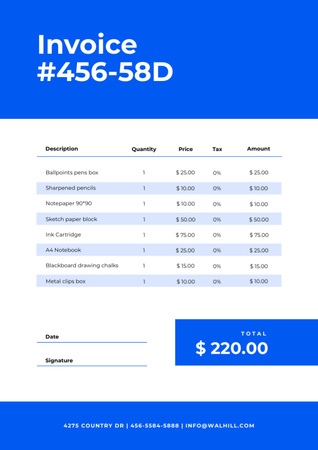Invoice for Stationery on Blue Invoice Design Template