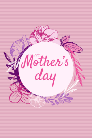 Happy Mother's Day Greeting With Flowers Wreath in Pink Postcard 4x6in Vertical Design Template