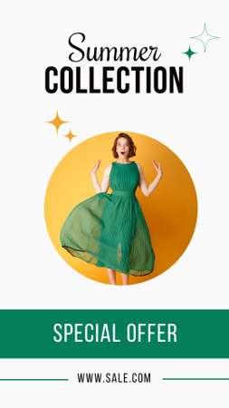 Nyári ruhakollekció hirdetés zöld ruhás hölgyvel Instagram Story tervezősablon