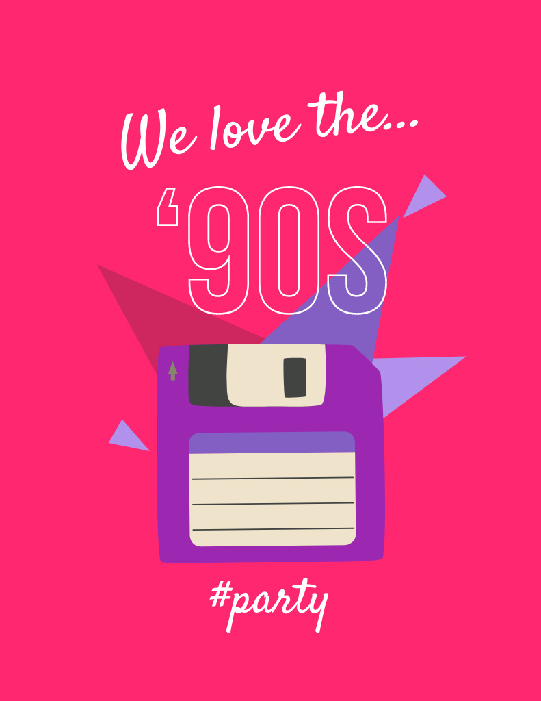 Nostalgic 90s Party Announcement with Old Diskette Flyer 8.5x11in – шаблон для дизайна