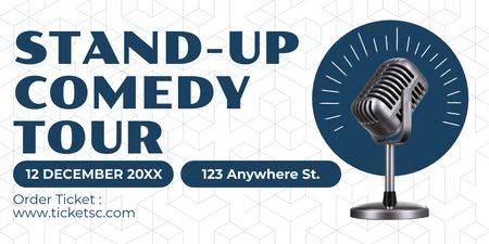 Comedy Tour Announcement with Microphone on Blue Twitter Design Template