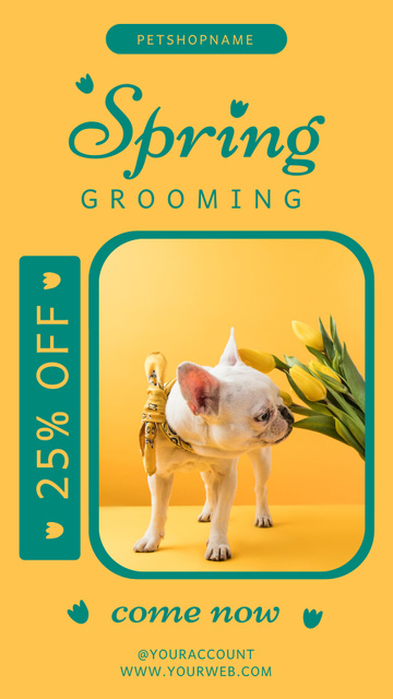 Platilla de diseño Grooming Discount Offer with Cute Dog and Tulips Instagram Story