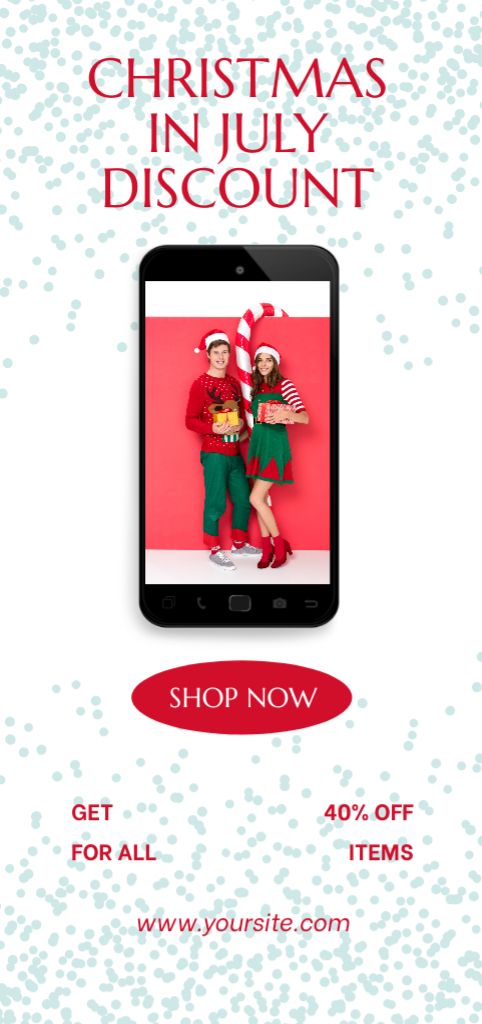 July Christmas Discount Announcement with Couple on Phone Screen Flyer DIN Largeデザインテンプレート