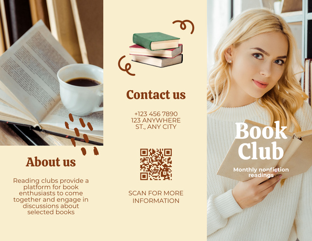 Book Club Promo with Woman in Library Brochure 8.5x11in Šablona návrhu