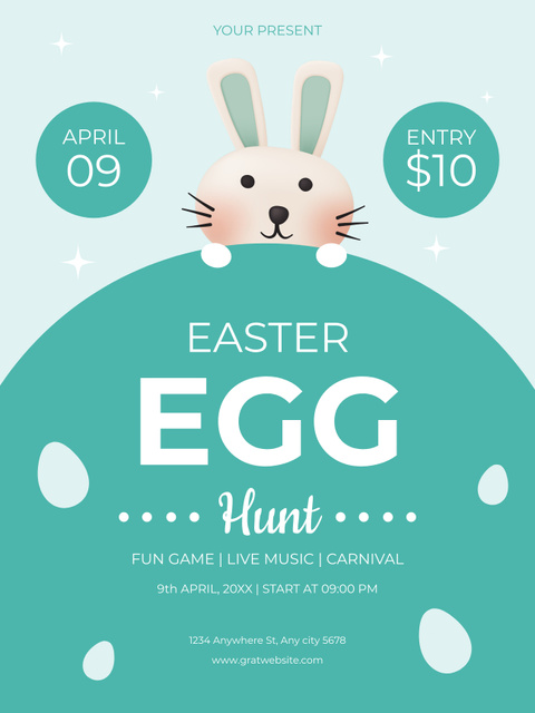 Easter Egg Hunt Announcement with Cute Bunny on Blue Poster US Design Template