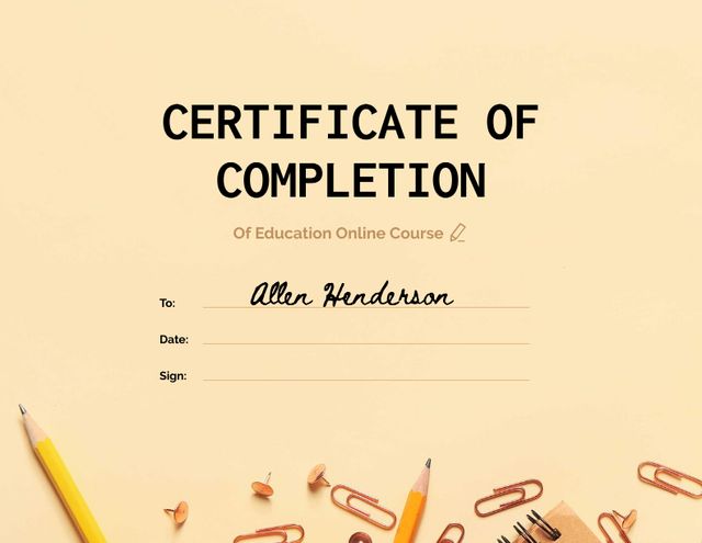 Education Online Course Completion Award with Stationery Certificate Design Template