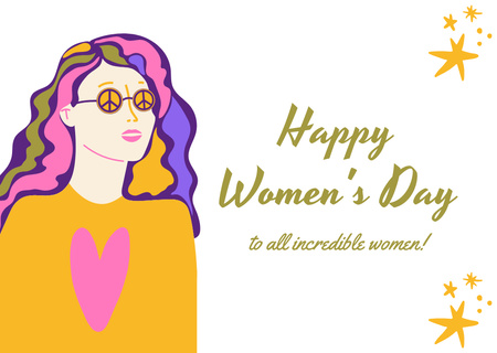 Women's Day Greeting with Bright Illustration of Woman Card Tasarım Şablonu