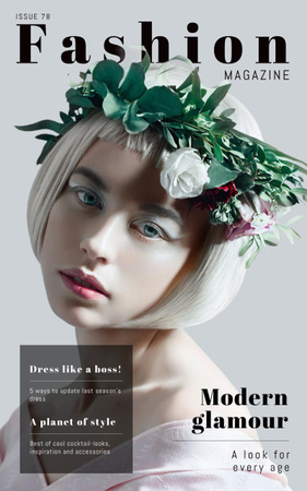 Fashion Magazine Proposal with Attractive Blonde Woman in Wreath Book Cover Modelo de Design