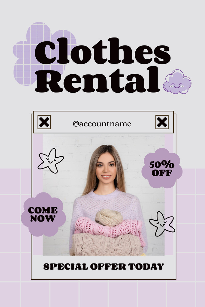 Rental clothes special offer purple Pinterest Design Template
