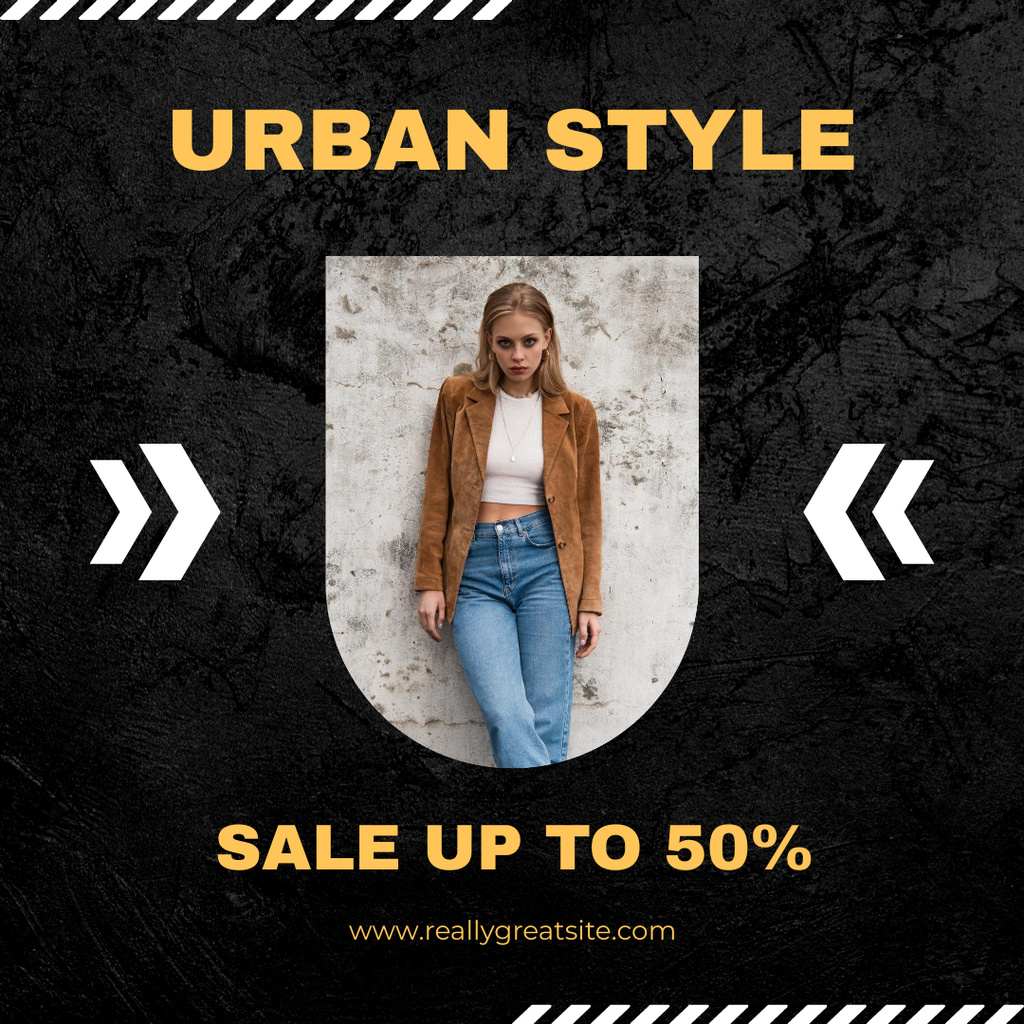 Urban Style Collection Announcement with Woman in Brown Jacket Instagram Πρότυπο σχεδίασης