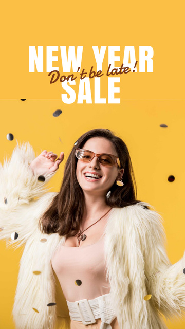 New Year Sale Announcement with Woman in Bright Outfit Instagram Story Modelo de Design