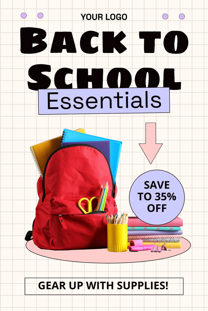 Plantilla de diseño de Discount Announcement on Backpacks and Stationery for Children Pinterest 