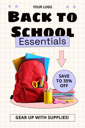 Discount Announcement on Backpacks and Stationery for Children Pinterest Modelo de Design