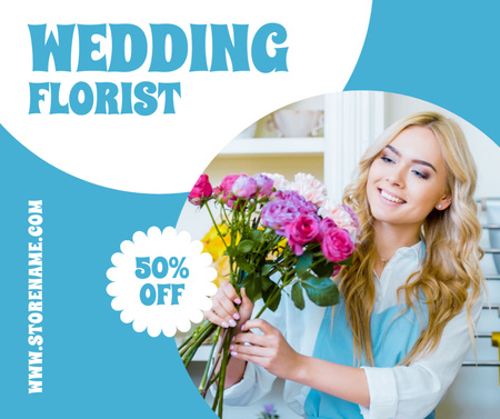 Oferta de loja de flores com florista feminina segurando buquê de flores Facebook Modelo de Design