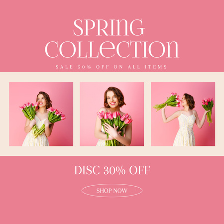 Ontwerpsjabloon van Instagram AD van Spring Sale Offer with Woman with Tulip Bouquet on Pink